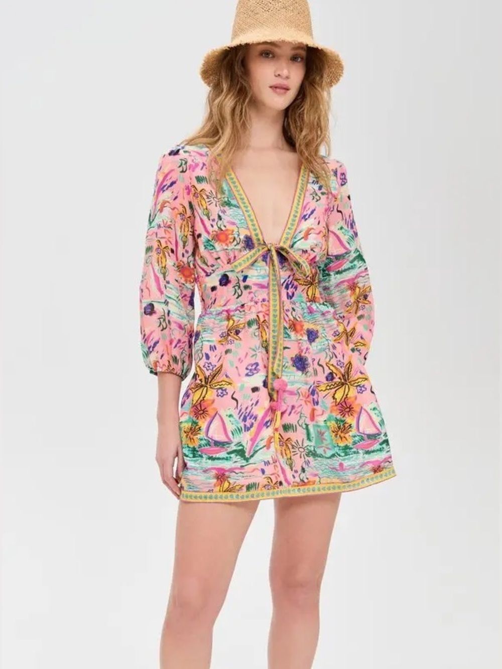 Bell Magnolia Mini Dress Tie-Front 3/4 length Sleeve Dress- NWOT Sunshine Print
